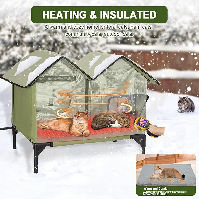 Heated Cat House for Outside Winter, Large Heated Outdoor Cat House Weatherproof, Elevated Bed, Escape Door, Insulated Outdoor Cat Shelter with Heater for Multiple Cats Feral Stray Kitty, Easy Setup
