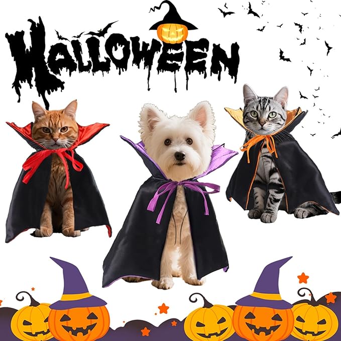 Qiansail Cat Cape Vampire Cloak Halloween Dog Costume Pet Cosplay Apparel Outfit Decor Accessories for Puppy Kitten (Black&Purple)