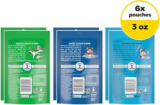 Temptations Cat Treats Classic Crunchy and Soft Seafood Lovers Variety Pack, 3 oz. Pouches (Pack of 6)