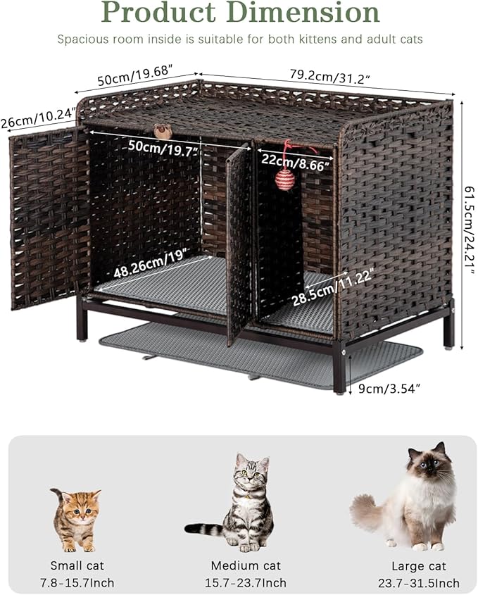 SETVSON Cat Litter Box Enclosure Furniture with Divider, Handwoven Rattan Litter Box with Mat, 31.2 x 19.6 x 24.2 Inches, Metal Heightened Feet, Hidden Cat House for Living Room, Bedroom (Brown)