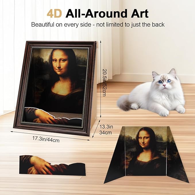 Mona Lisa Cat Bed - 4D Oil Painting Art Cat Scratcher for Indoor Cats, Half-Surround & Armrest Design, Cardboard Cat House, Novelty Gift for Cat Pawrents