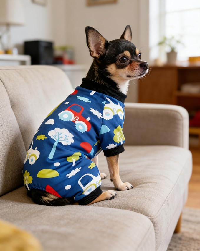 PET SHOW 4 Pack Small Dog Pajamas Dog Clothes for Medium Dogs Girl Boy Soft Stretchy PJs Dinosaur Car Jumpsuit Puppy Cats Daisies Cow Jammies Onesies Outfits with Sleeve Pets Costume, S