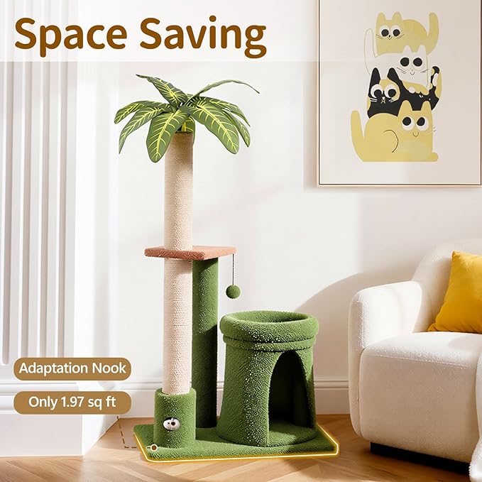 Cat Tree Tower Scratch Post Stand for Indoor, 41" Compact Palm Tree Kitten House Condo with Cozy Bed for Small Cats, Space Saving Design, Supports Climber Scratching Playing and Rest