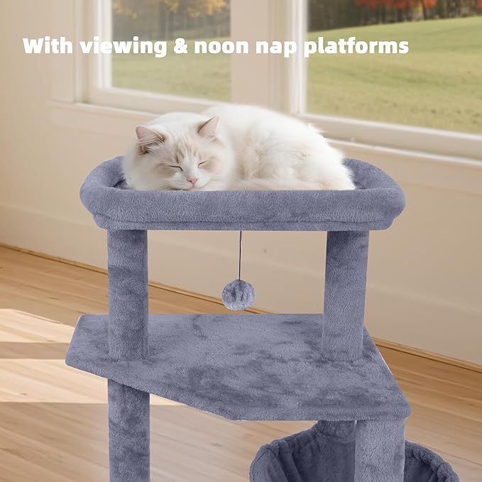 TWDEPART 55" All-in-One Cat Tree Tower with Scratching Board & Posts Cozy Sleeping Perch Hammock and Toy Balls,Grey