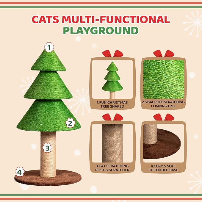 VINGLI 31.5in Christmas Tree Cat Scratcher for Indoor Cats, Large Cat Tree Tower with Sisal Scratching Post & Soft Fleece Base, Holiday Cat Scratcher Tree for Kittens & Adult Cats - Cat Furniture