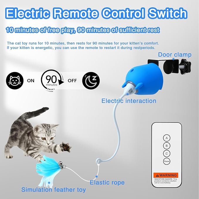 Cat Toys Interactive for Indoor Cats, Rechargeable Toy Hanging Door Electric with 4pcs Feathers Toys for Bored Kittens (Blue)