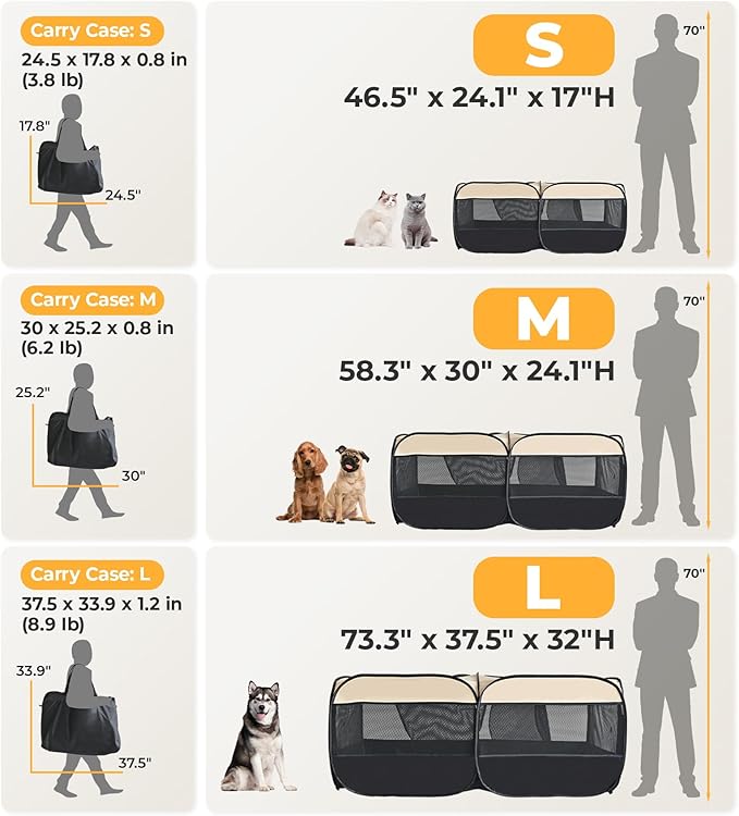 2-in-1 Dog Playpen 58''Pop Up Cat Pet Playpen, Assembly-Free Indoor Outdoor Kitten Enclosure, Kitten Pen Cat Cage Portable Puppy Tent Crates Kennel for Small Animals(No Divider, Unified Space)