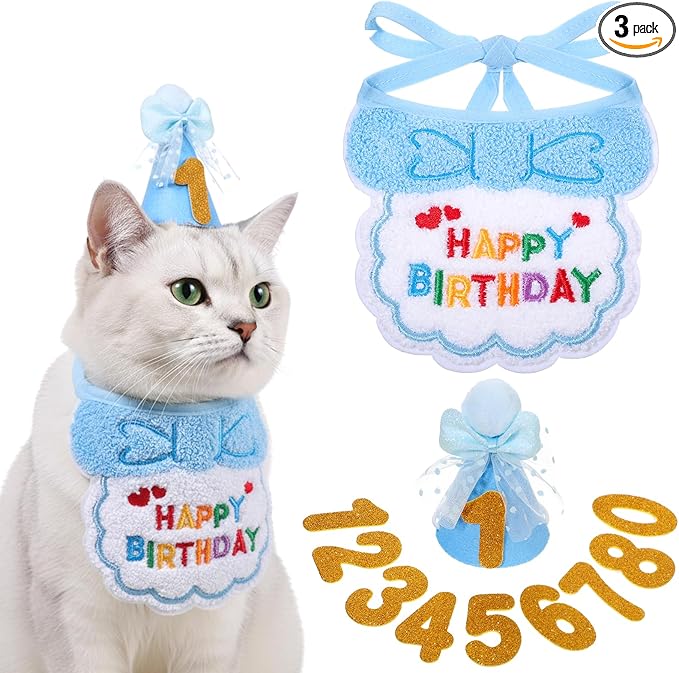 Blue Cat Birthday Hat, Cats Party Bandana Hat Numbers for Pet Birthdays Decorations