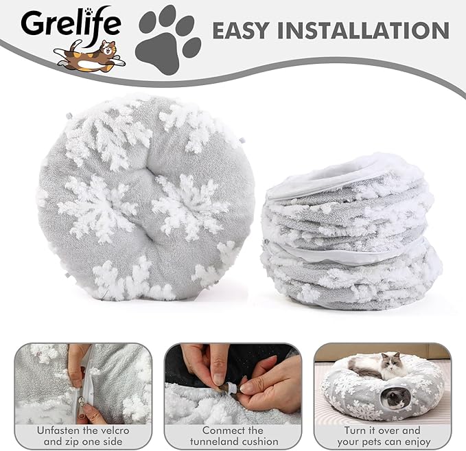 Grelife Cat Tunnel Bed for Indoor Cats, Cute Cat Tunnel Toys, Cat Donut Tunnel Toys with Washable/Removable Cushion, Non-Slip Base, for Cats, Kittens, Small Pets(33.4")