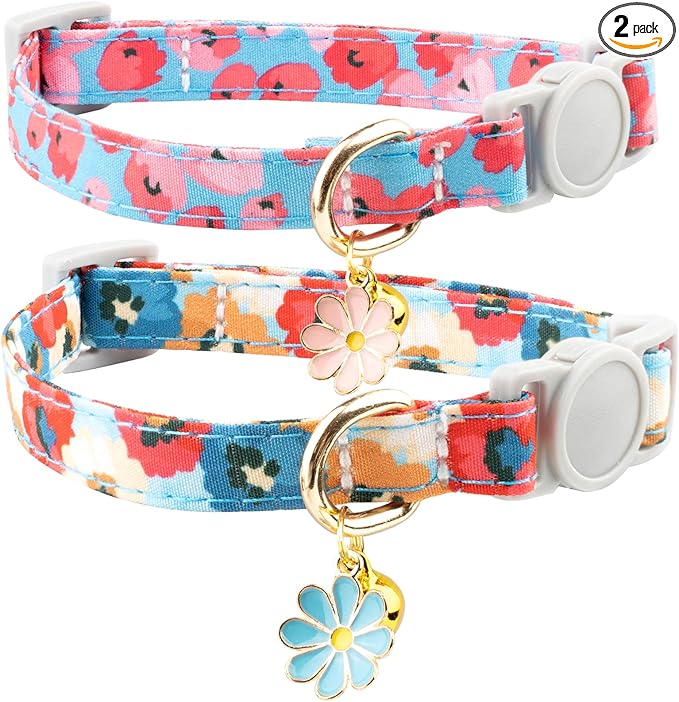 Faygarsle 2 Pack Breakaway Cat Collar with Bells for Girl Cats Cute Pink Collar with Flower Charm Floral Girly Spring for Cats