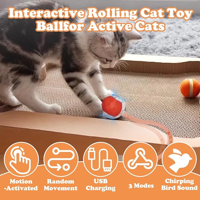2Packs Interactive Cat Toys Ball for Indoor Cats, Smart Automatic Cat Chase Ball Toy, Generation Moving Cat Ball with Elastic Mesh Tail Motion Activated