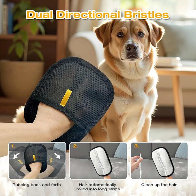 2 Pcs Reusable Electrostatic Pet Hair Remover Glove & Magic Brush, Cat & Dog Hair Removal Grooming Gloves for Furniture, Couch, Carpet, Car Seat, Clothes