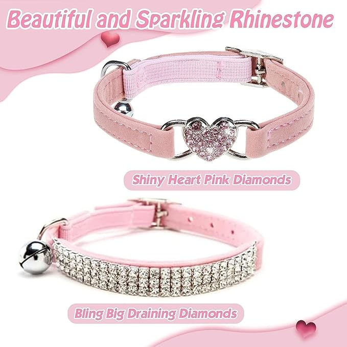 BINGPET Diamond Cat Collar,Adjustable Soft Velvet Leather Safe Kitten Collar with Shiny Rhinestones and Bells,Girl Boy Bling Cat Collars with Safety Elastic for Small Medium Cats Pack of 2（Pink）