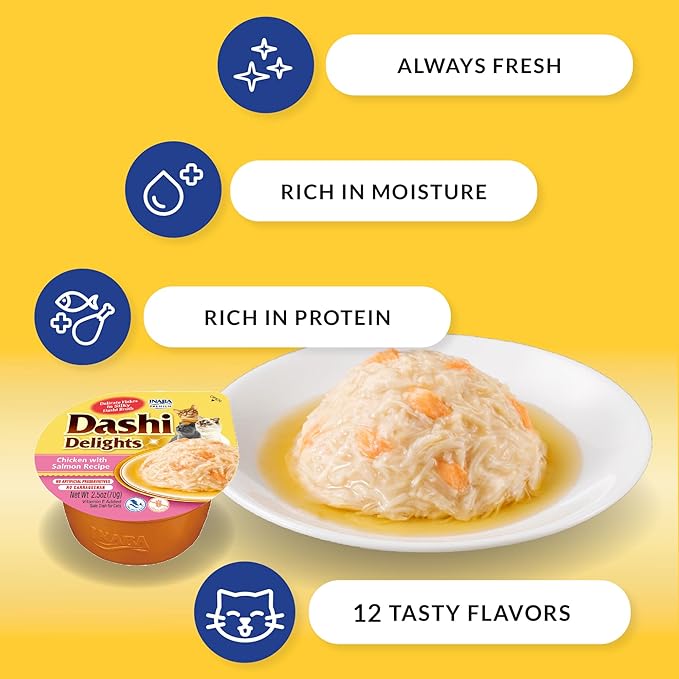 INABA Dashi Delights for Cats, Shredded Tuna Side Dish with Bonito Flake Broth, Cat Food Complement with Taurine & Green Tea Extract, 2.5 Ounce Cup, 6 Cups Total, Tuna with Salmon Recipe