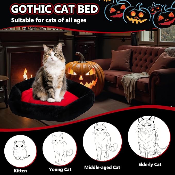 Gothic Cat Beds Fits up to 25 lbs, Washable Coffin Cat Bed, Goth Pet Bed, Halloween House 24 * 16.9 Inch, Red & Black Small (Black, Small)