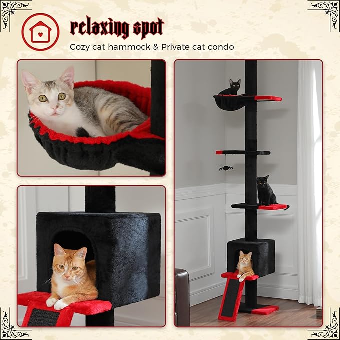 PETEPELA Floor to Ceiling Cat Tree, Gothic Cat Tower 5 Tiers Tall (83-108 Inches) Adjustable Height, Cats Climbing Tree Featuring with Condo, Scratching Post