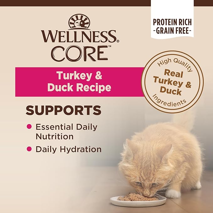 Wellness CORE Pate Adult Canned Wet Cat Food, Natural, Protein Rich, Grain Free, Turkey and Duck Recipe, 5.5 oz, Pack of 12 Cans