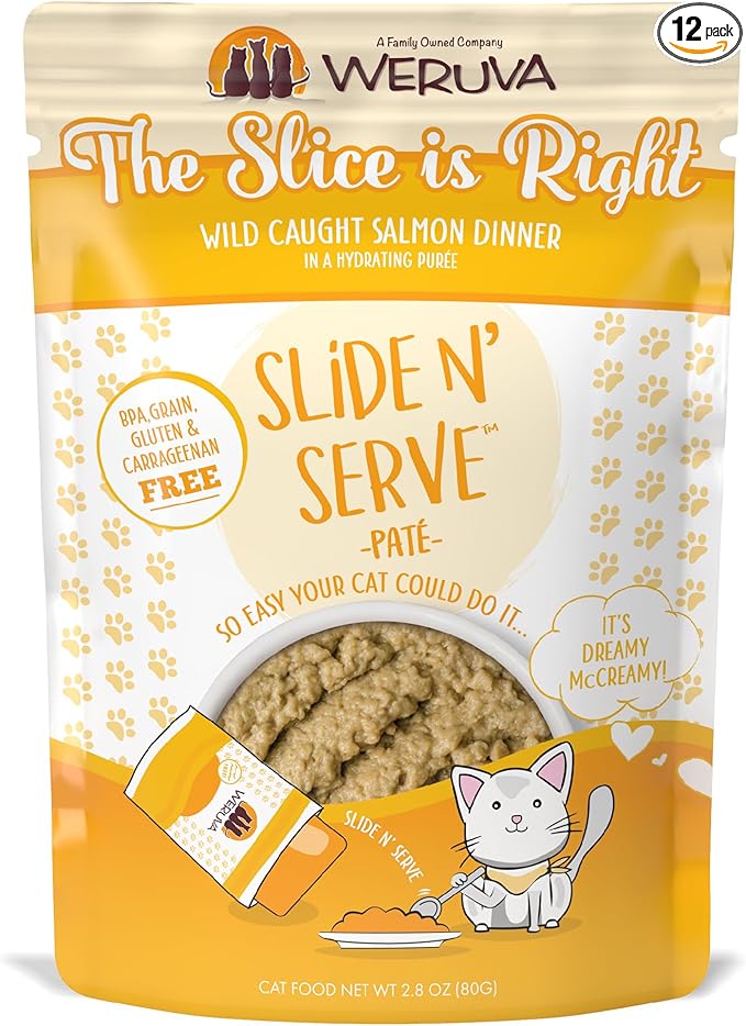 Weruva Wet Cat Food, The Slice is Right with Wild Caught Salmon Pate, 2.8oz Slide N Serve Pouch, Pack of 12