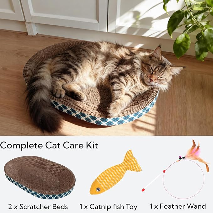 Cat Scratcher Bed with Toys, 4 Pack Oval Cat Scratcher Cardboard, Indoor Cat Scratch Bowl, Large Pad Cat Scratching Board with Catnip Fish Toy & Feather Wand for Furniture Protector
