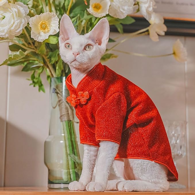 Traditional Culture Sphynx Hairless Cat Cotton T-Shirts Cat Clothes Pet Sweater Cat Vest Kitten Shirts for Cats & Small Dogs Apparel (Red Chi-Pao, L (7.5-8.8 lbs))
