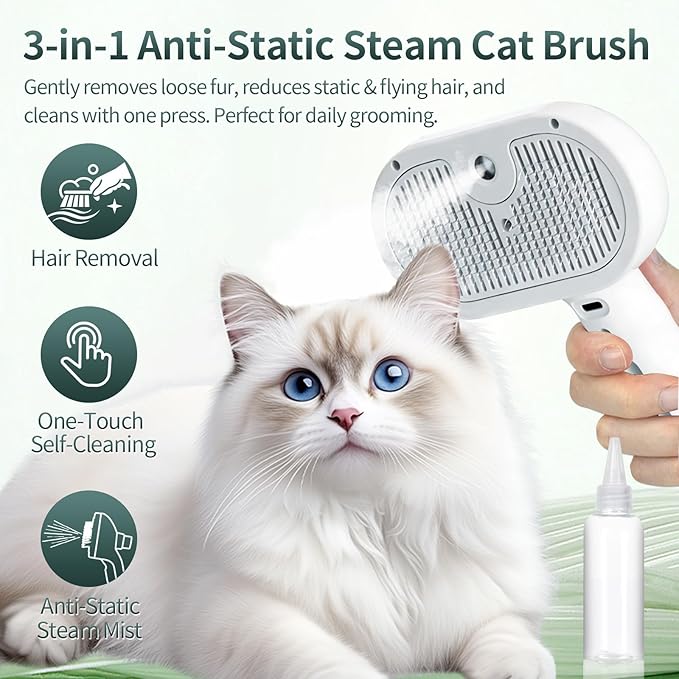 Steam Cat Brush for Shedding, 3-in-1 Self Cleaning Grooming Brush for Dogs & Cats, USB Rechargeable, Hair Removal Comb with Anti-Static Mist, for Long & Short Haired Pets, White