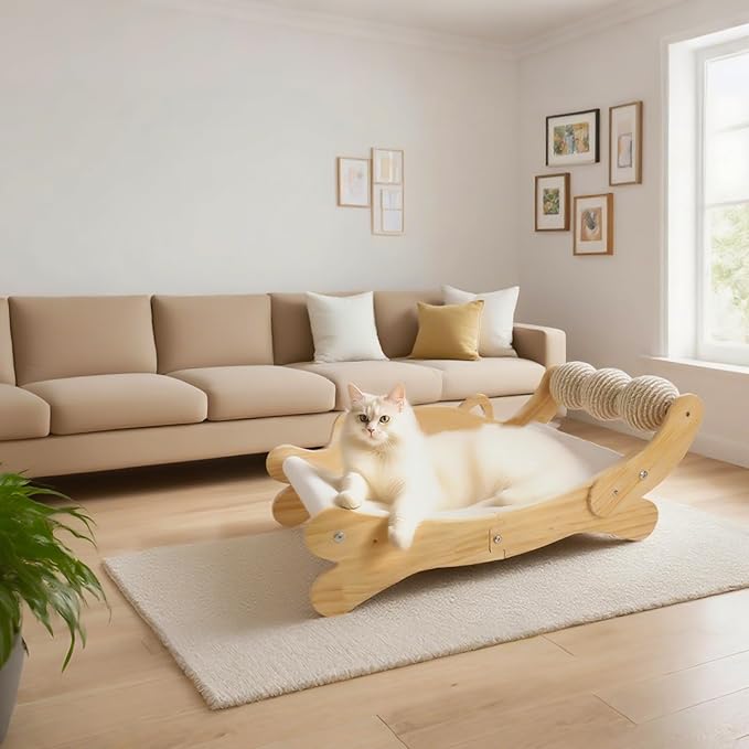 Cat Scratcher Bed, Heavy Duty Sisal Cat Scratching Post with Hammock for Indoor Cats, Natural Wood Cat Lounge for Sleeping & Scratching, Stable Platform for Large Cats, Easy Assembly Cat Furniture