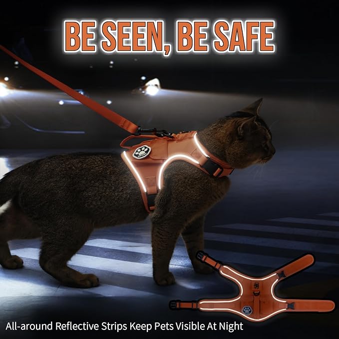 OneTigris Tactical Cat Harness and Leash - Escape Proof Soft Adjustable Cat Harness, Breathable, Comfortable, Durable Water-Resistant Vest with Reflective Strips and Pocket for Cat Tracker