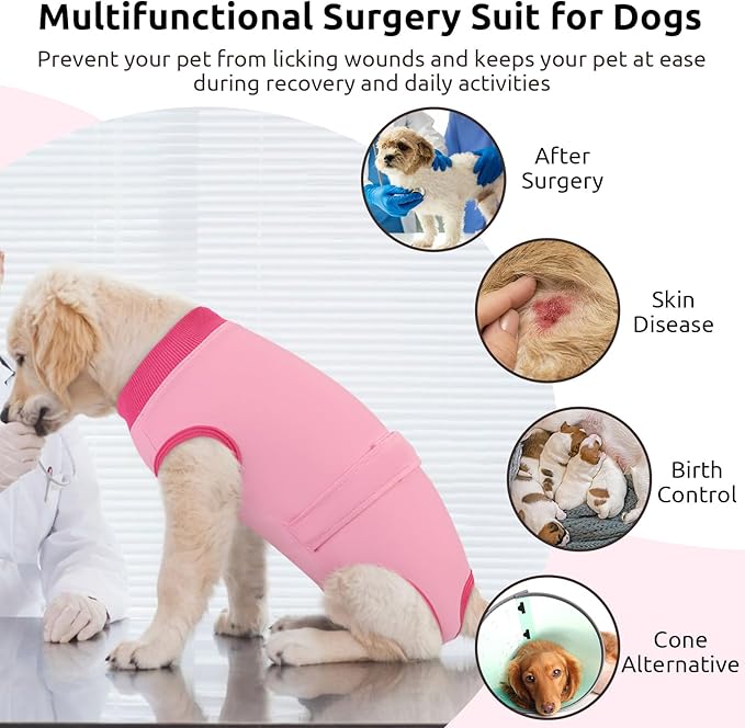 Queenmore Recovery Suit for Dogs, Dog Surgical Recovery Suit Onesie,Anti Licking Pet Female Spayed Neutered Puppy Surgical Clothes for Abdominal Wounds, Substitute E-Collar & Cone, Pink,L