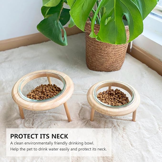 Glass Pet Bowl with Detachable Wooden Stand 14.7cm 480ml Raised Feeder for Cats and Dogs Sturdy Feeding and Watering Supplies