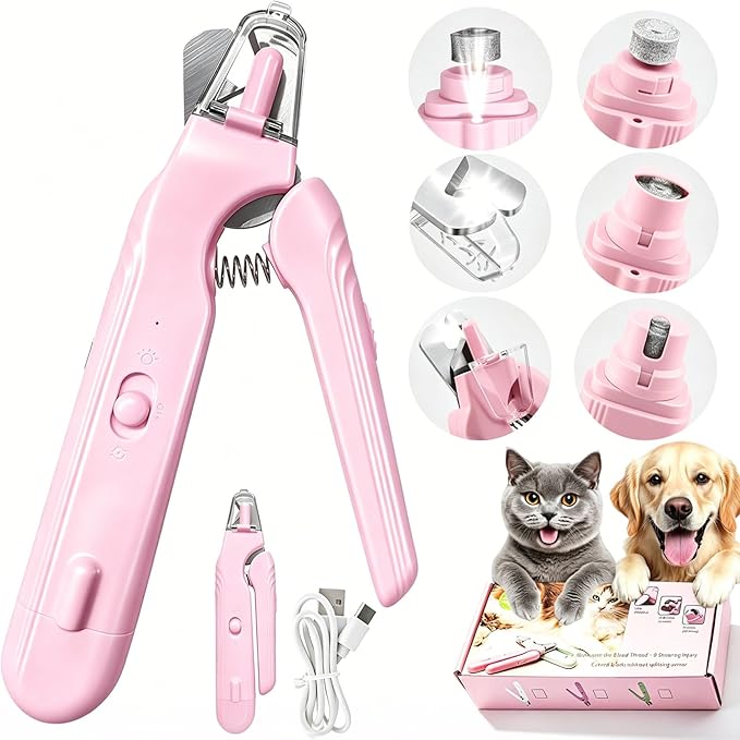 2-in-1 Dog Nail Grinder & Dog Nail Clippers Trimmers for Large Medium Small Dogs Cats Pets Claw Trimmer with LED Lights (Pink)