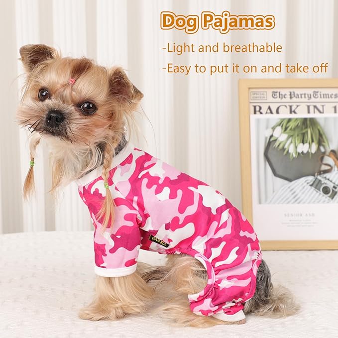 Dog Pajamas Small Sized Boy Girl, Cotton Stretchable Pet Clothes Jammies Puppy Outfits for Dogs Female Male, Spring Summer Doggie Doggy Pjs (Pink Camouflage, XS)