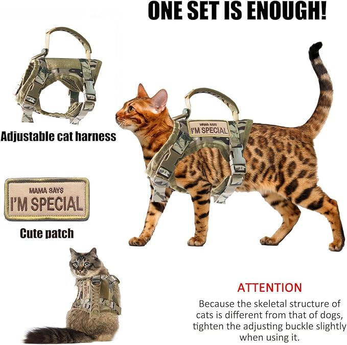 AIWAI Tactical Cat Harness for Walking Escape Proof, Adjustable Pet Vest Harness, Soft Mesh with Control Handle for Large Cat Small Dog, Gift with Patch (Camouflage, cat Harness only)