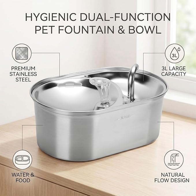 Luocute Stainless Steel Cat Water Fountain, 3L Automatic Pet Drinking Fountain with Timer and 5 Filters for Cats and Dogs, Pet Water Bowl Dog Drinking Dispenser Feeding