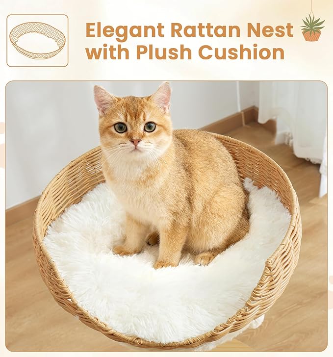Made4Pets 30in PE Rattan Cat Tree Tower with Scratching Post, Birdcage-Style Wooden Condo with Reversible Cushion & Thickened Base, Handwoven Wicker Basket Bed and Plush Cushion Top Perch
