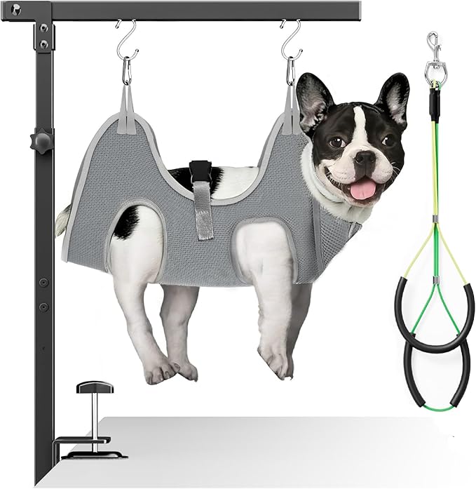 Adjustable Dog Grooming Arm with Clamp, 26″–40″ Height, S Hammock with Back Buckle, No-Sit Grooming Restraint for Small & Medium Dogs