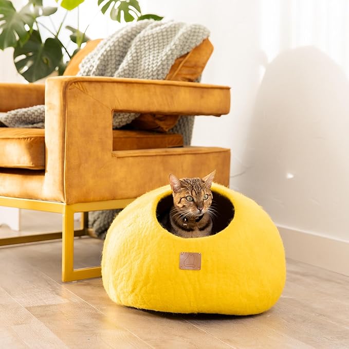 Best Aesthetic Cat Bed - Premium Felted Wool Cat Cave Bed - Cozy Peekaboo Round Cave for Large or Small Cats (Large, Sunny Yellow)