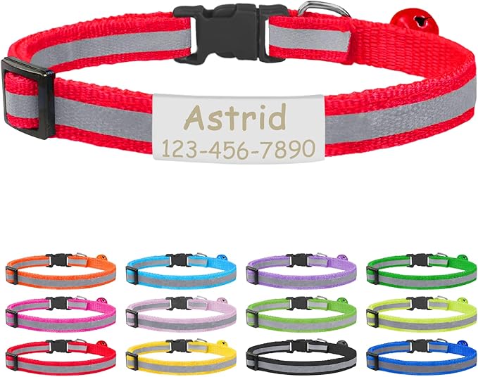 CAMAL Cat Collar with Name Tag, Reflective Cat Collar Breakaway for Kitten Puppy, Personalized Cat Collar, Adjustable 7.5"-12.5" (Red)