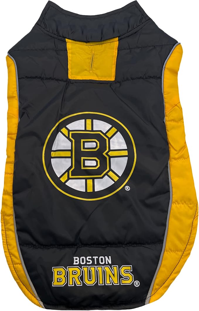 Pets First NHL Boston Bruins Puffer Vest for Dogs & Cats, Size Large. Warm, Cozy, and Waterproof Dog Coat, for Small and Large Dogs/Cats. Best NHL Licensed PET Warming Sports Jacket