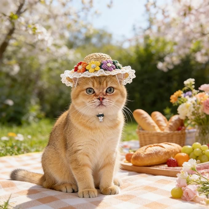 NACOCO Cat Hat Sunflower Straw Hat Handcrafted Rose Lovely Sun Cap Accessories for Small Dogs and Cats Photograph (M, Multiple Flower)