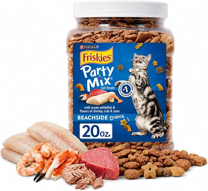 Purina Friskies Party Mix Crunch Beachside Cat Treats, Seafood Flavors (Ocean Whitefish, Shrimp, Crab & Tuna), Crunchy Cat Snacks, 30 oz (1.25 lb)