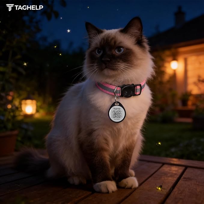 Reflective Cat Collar Breakaway with QR Code Tag for Girl Boy cat Name tag Kitten Collars with Bell Cat ID Tag Personalized Real-time scan alerts. (Pink)