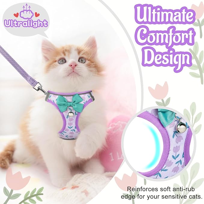 Cat Harness and Leash Escape Proof for Walking, Adjustable Soft Kitten Harness with Reflective Straps Step in Cat Vest Harness for Small Kitten and XS Dogs (Purple, XXS-Chest(8.7"-10.2"))