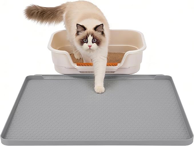 Cat Litter Mat, 24''x20'' Waterproof Silicone Litter Trapping Mat for Litter Box, Soft on Kitty Paws Non-Slip & Easy to Clean (Light Grey)