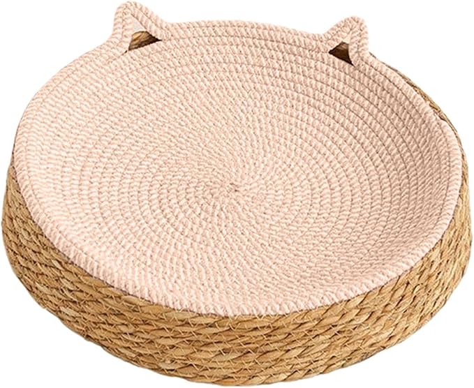 Woven Cat Scratch Bowl - Cotton Rope Round Cat Bed, Kitten Ear Design Scratching Board, Durable Claw Grinding Lounge Toy,