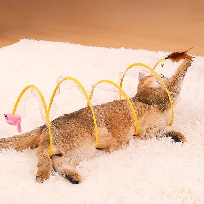 Andiker Cat Tunnel Toy, 10inch Collapsible Metal Cat Spring Toy with Nylon Mesh, Feather, Mouse, and Bell, Interactive Cat Toys for Indoor Cats to Scratch, Puzzle, Relax and Kill Time (Mouse)