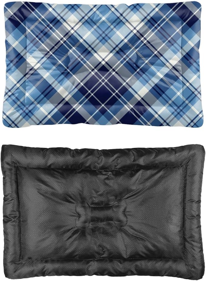 Dark Blue Plaid Dog Pad Bed Non Slip Bottom Washable Dog Bed Cozy Soft Car Pet Supplies Printed Crate Gift Cozy 24× 18 Inch Indoor Outdoor