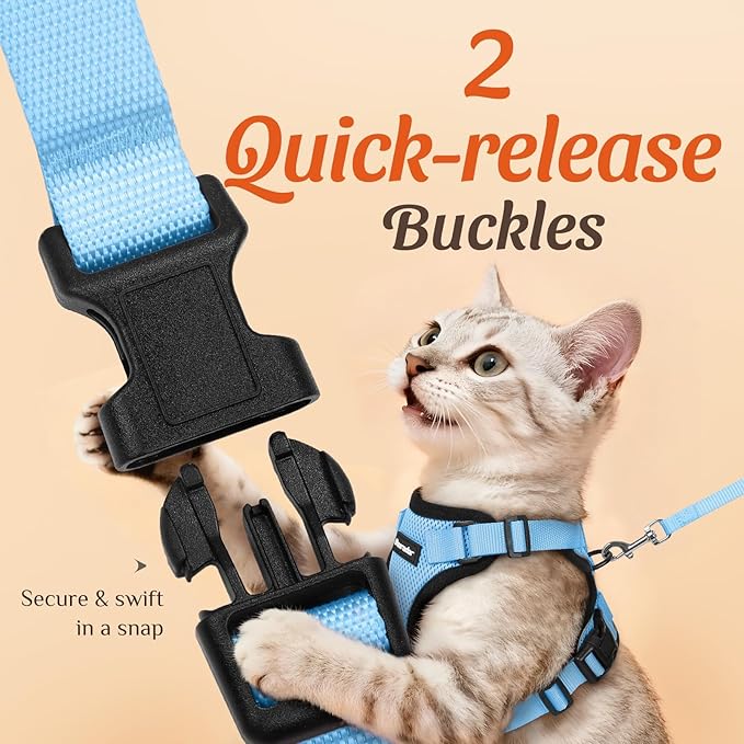 Dooradar Cat Harness and Leash Set, Escape Proof Safe Adjustable Kitten Vest Harnesses for Walking, Easy Control Soft Breathable Mesh Jacket with Reflective Strips for Cats, Light Blue, XXS