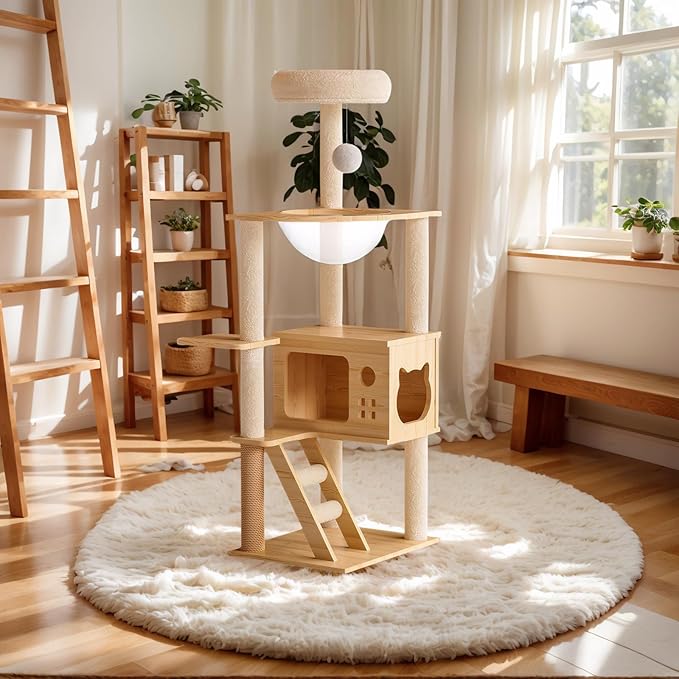 Modern Wooden Cat Tree for Indoor Cats, 48.8" Cat Tower with Scratching Posts, Acrylic Hammock, Multi Level Cat Condo for Large Cats (48.8")