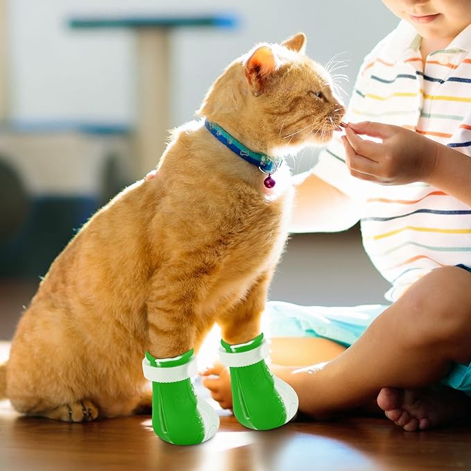 Gosknor 4pcs Cat Feet Covers, Adjustable Anti-Scratch Anti-Bite Silicone Kitten Paw Claw Caps Boots for Nail Trimming Bathing Checking Multifunctional Pet Grooming Protector Products (Green White)