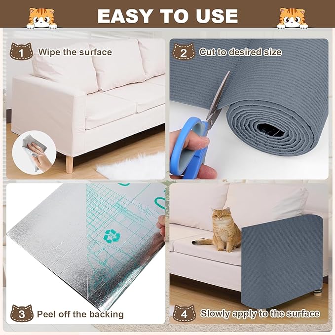 Cat Scratch Furniture Protector, 157.4"x15.8" Cat Scratching Mat, Trimmable Self-Adhesive Cats Claws Scratch Pads, DIY Carpet Mat Replacement for Cats Tree, Cats Wall Shelves, Grey